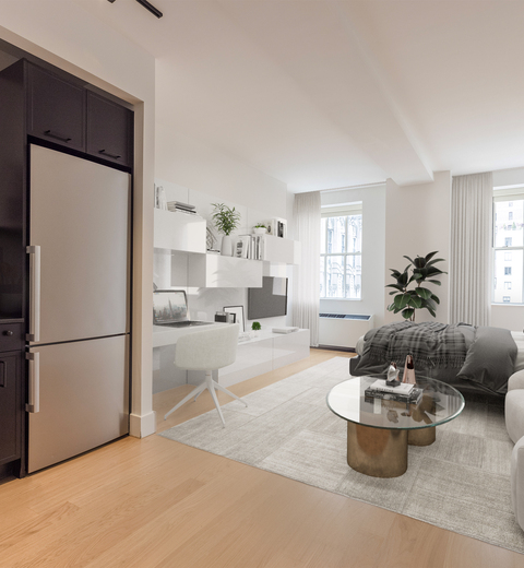 Financial District, NY Apartments Near Brookfield Place - 63 Wall Street - Studio with Wood-Style Flooring, White Walls, Stainless Steel Appliances, Tile Backsplash, Two-Tone Cabinetry, Area Rug, Couch, and Glass-Top Coffee Table